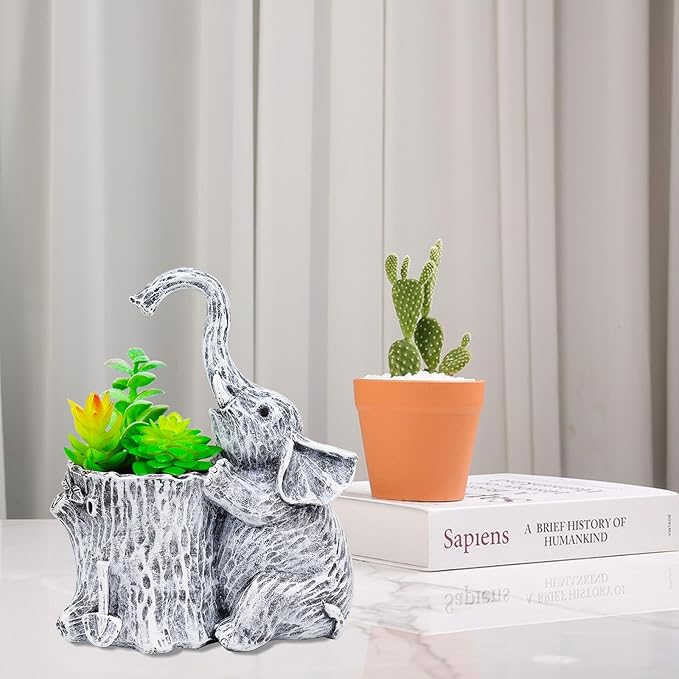 Elephant Gifts for Women Succulent Pots Indoor Planters for Plant Lovers Cute Outdoor Plant Pots Gift Idea for Mother Outdoor Garden Animal Decor Elephant Hug Stump Statue with Drainage Hole