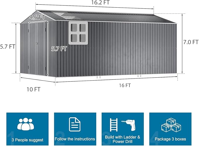 10x16 FT Metal Outdoor Shed with Floor, Large Waterproof Garden Sheds with Dual Transparent Panels,Skyview Windows Air Vent Reinforced Frame Tool Shed for Backyard, Garden, Patio,Dark Grey