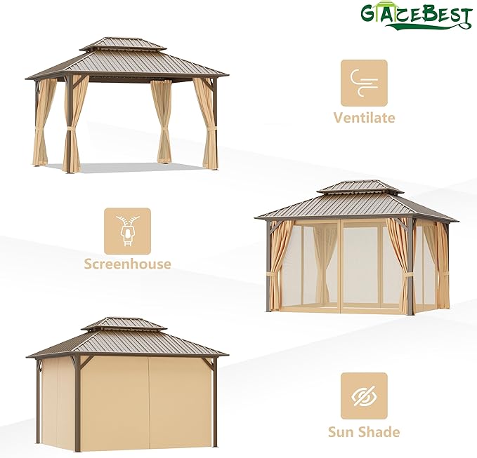 10x12 ft Hardtop Gazebo Outdoor Aluminum Patio Gazebo Double Roof Galvanized Steel Canopy with Netting and Curtains for Garden, Backyard, Deck and Lawns.