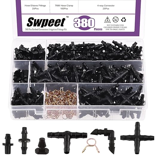 Swpeet 380Pcs 6 Types Barbed Connectors Irrigation Fittings with 7mm Single Wire Hose Clamp Kit, Straight Barbs, Single Barbs, Tees, lbows, End Plug, 4-Way Coupling Drip Irrigation Barbed Connectors