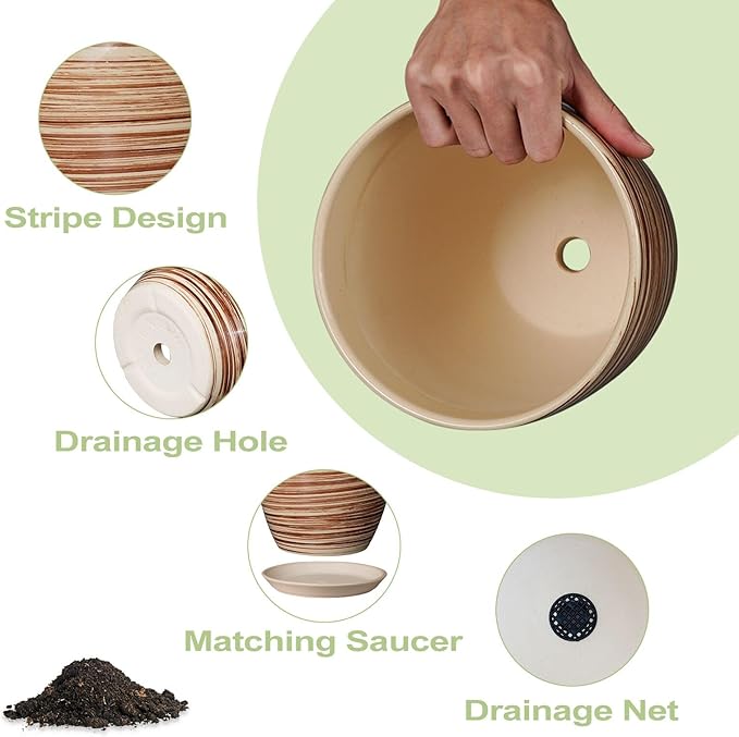 10 Inch Plant Pot Ceramic Pots for Plants with Drainage Hole and Saucer Round Flower Pot for Home Patio Garden Office Yellow