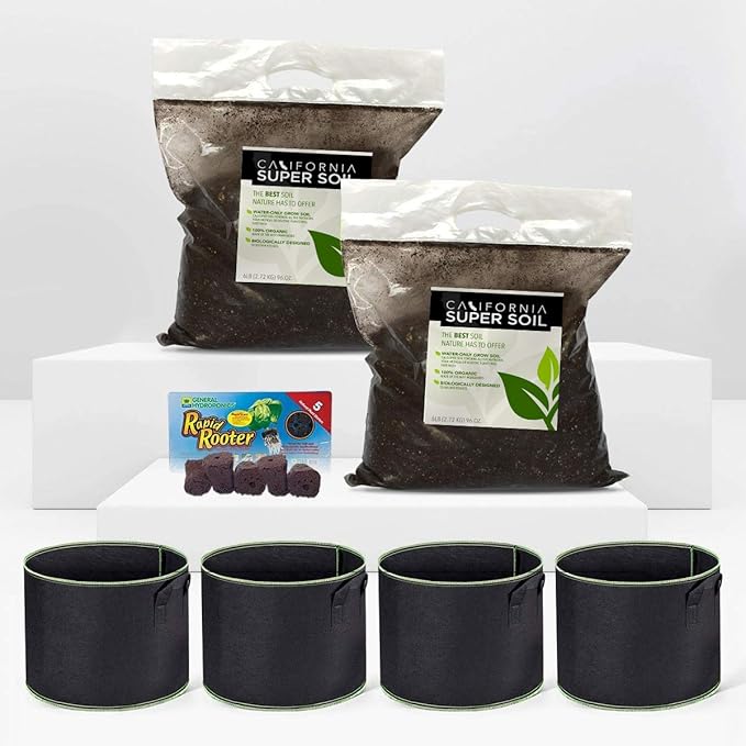 California Hot Soil Premium 100% Organic Super Soil Kit, 18+ Nutrient Blend - No Need for Nutrients or Plant Food Ever - Includes (2) 6 Lbs Bag of CaliHotSoil, (4) 3-Gallon Pots, (5) Rapid Rooters