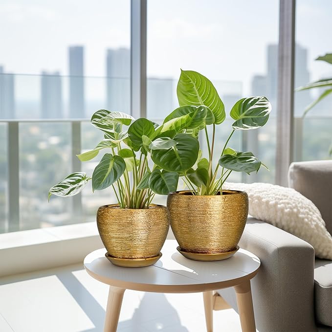 Flower Pots for Indoor Plants- Ceramic Pots for Plants 10 Inch 8 Inch 6 Inch Plant Pots with Drainage Holes and Saucers Decorative Large Planters for Outdoor Plants Set of 3 Gold