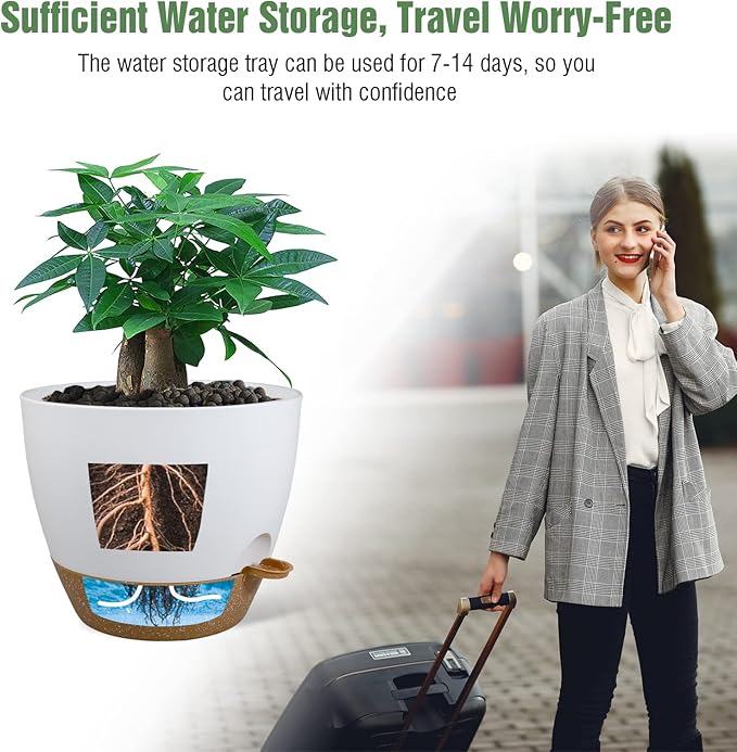 12 inch Large Self Watering Pots, Plastic Planters with 60oZ Removable Deep Reservoir and Multi Mesh Drainage Holes for Indoor Outdoor Garden Plants and Flowers, White with Brown