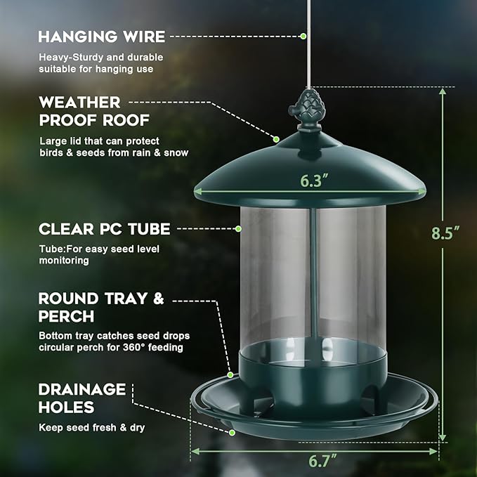 Metal Bird Feeders for Outdoors Hanging, 1.8 Lb Capacity Weather Resistant Wild Bird Feeder with 360 Degree Feeding Tray, Green