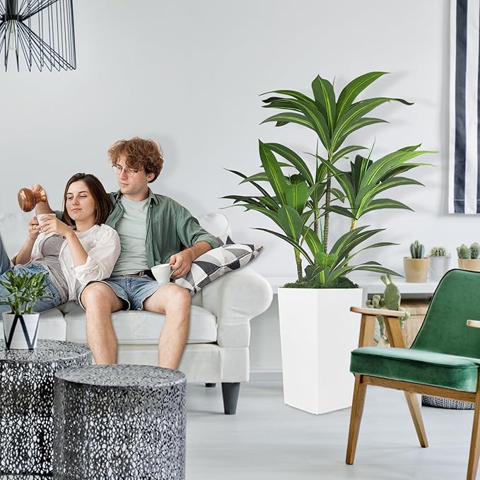 Artificial Dracaena Tree 5FT with White Tall Planter,Fake Green Plant with Natural Wood Trunk & Lifelike Leaves, Aritificial Yucca Plant for Home Office Decor,Housewarming
