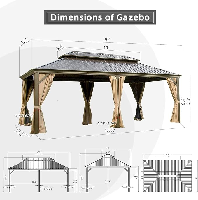 Domi Outdoor Living 12’ X 20’ Hardtop Gazebo, Outdoor Aluminum Frame Canopy with Galvanized Steel Double Roof, Outdoor Permanent Metal Pavilion with Curtains and Netting for Patio, Backyard and Lawn
