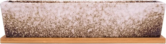 Succulent Pots - 12.1 Inch Large Succulent Planters Pots with Drainage Tray, Long Rectangle Ceramic Pots for Indoor Cactus/Succulent Plants Shallow Bonsai Window Box for Home Garden Decor (White)