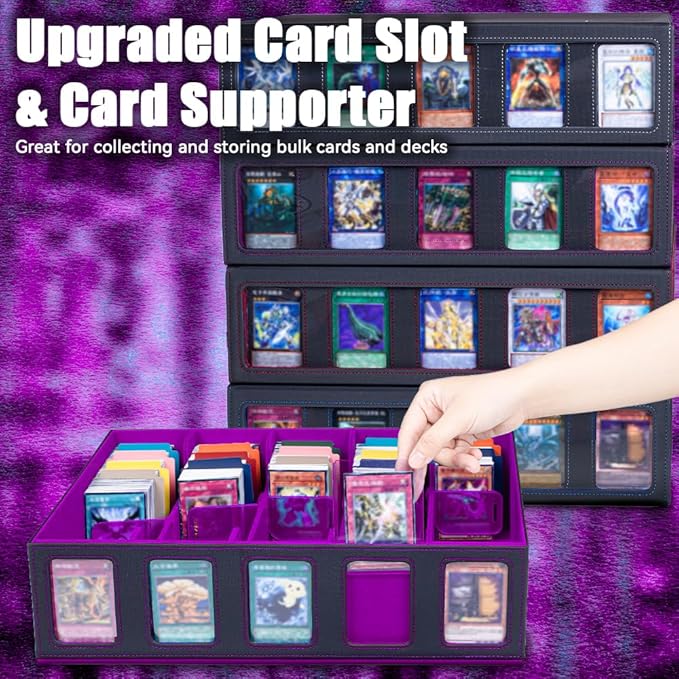 5-Row 3900+ Trading Card Storage Box for MTG, Card Deck Box with Snap-fit Design, 5 Card Sleeves, 10 Stoppers, 80 Dividers and 1 Dice Tray (Black-Purple)
