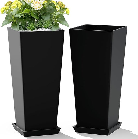 Set of 2 Large Tall Planter for Indoor or Outdoor 24" Tall Flower Pots Tapered Tall Planters with Tray for Porch, Patio, Backyard, Large Planters for Outdoor Indoor Plants(Black)