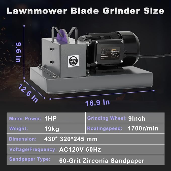 Lawn Mower Blade Sharpener, 1HP 750W Lawnmower Blade Grinder with 9-inch Ceramic Grinding Disc, 2 Sanding Paper & 40°Bracket for High/Low Lift Blades, Gator Blades, Flat Blades