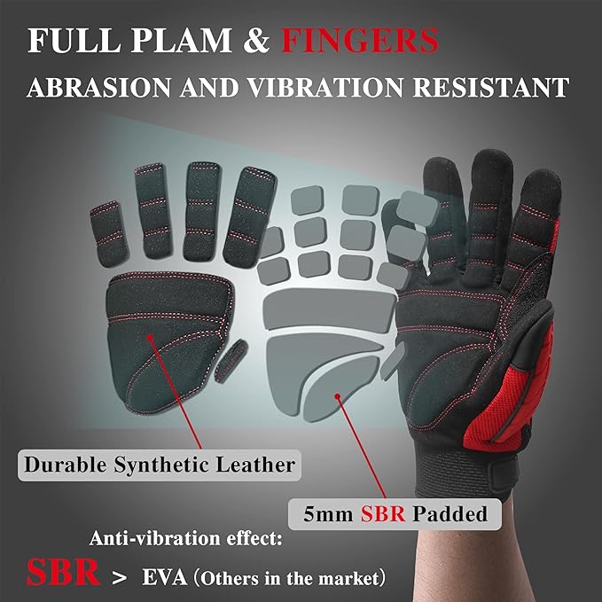 HANDLANDY Anti Vibration Gloves, SBR Padding, TPR Protector, Mechanic Work Gloves (Large, Black)