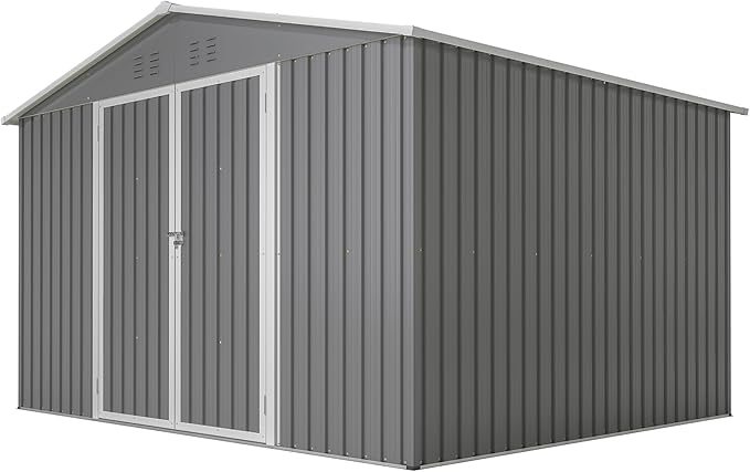 10X8 FT Outdoor Storage Shed, All Weather Metal Sheds withLockable Doors, Tool Shed for Garden, Patio, Backyard, Lawn, Silver Gray