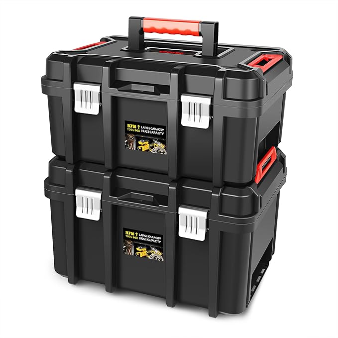 DNA MOTORING 2pcs Tool Boxes Set - Lockable Organizer Storage Portable Toolbox with Removable Tray for Workshop Garage & Household, Large Capacity, TOOLS-00310