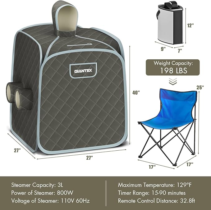Giantex Portable Folding Sauna, 1 or 2 Person Steam Spa with Remote Control, Folding Chair, Foot Massage Roller, Absorbent Mat, 9 Temperature Levels, 3L Steamer, 800W Home Full Body Spa Tent (Gray)