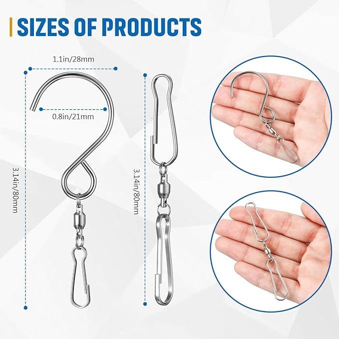 Jetec Wind Spinner Swivel Hooks 360 Degree Dual Spinning Windsock Chime Supplies Hanger Swivels Clip Hanging Hooks with Storage Box for Wind Spinners Supply, 2 Styles (Metal Color,30 Pieces)