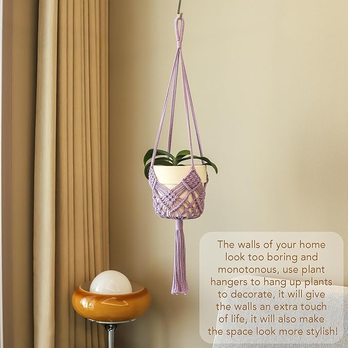 Hanging Planter with Patterns,2Packs Macrame Plant Hangers Indoor Macrame for up to 8 inch Pot Crochet Boho Plant Hanger Holder for Indoor Outdoor with 2S Shaped Stainless Steel Hooks (Purple)