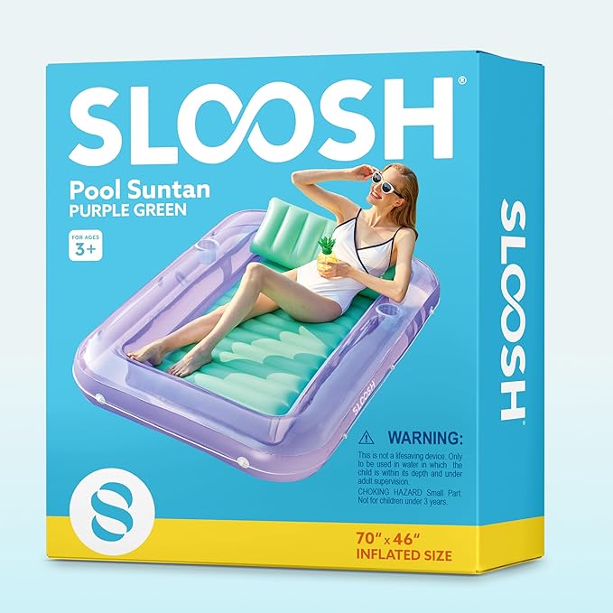 SLOOSH Inflatable Tanning Pool Lounger Float, 70" x 46" Pool Floats Adult with Pillow, 4 in 1 Suntan Tub Raft Floatie,Sunbathing Bed Lounge for Water Blow Up Kids Ball Pit Party Gifts, L-Purple Green