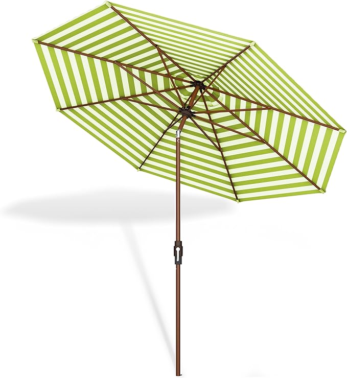 Midtown Umbrellas Wooden 2-8 Feet Outdoor Patio Umbrella, Terylast Green & White Stripes Fabric, Aluminum Frame For Backyard Umbrella, Deck Umbrella, Garden Umbrella & Pool Umbrella - Wooden Pole