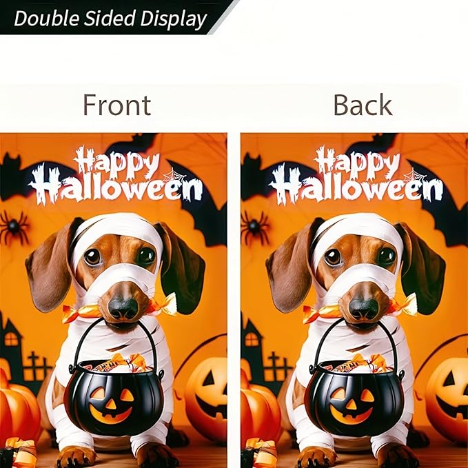 Halloween Decorations Outdoor Garden Flag 12x18 Inch Double Sided Dachshund Dog Pumpkin Ghost Skeleton Fall Decor Yard Lawn Porch Patio Banner Halloween Garden Flags