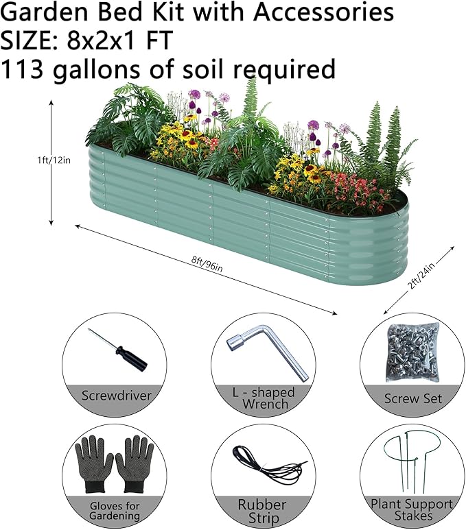 Galvanized Metal Planter Raised Garden Bed Kit for Gardening Outdoor,8x2x1ft Planter Grow Garden Box Raised Flower Bed,Long Vegetable Clearance Herb Raised Garden Beds for Gardening