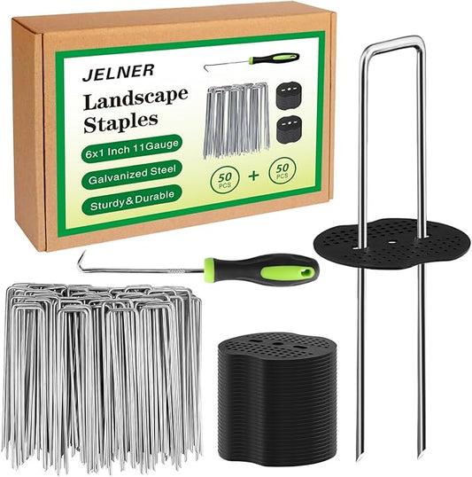 Landscape Staples Set,6 Inch 11 Gauge 50pcs Galvanized Garden Stakes + 50pcs Gaskets + 1Pick Hook,U-Shaped Tent Stakes Landscaping Fabric SOD Pins for Weed Fabric Barrier,Groud Cover,Fence