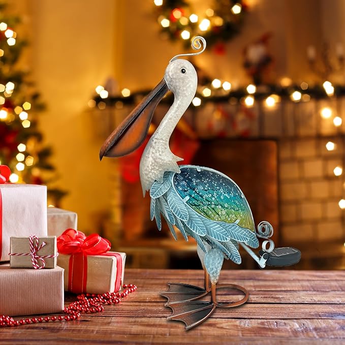 HONGLAND Solar Metal Pelican Statues Garden Sculpture & Statues, 19 Inch Glass Outdoor Pelican Yard Art Coastal Ocean Bird Decor Lawn Ornament for Backyard Porch Patio Decor(Blue-Green)