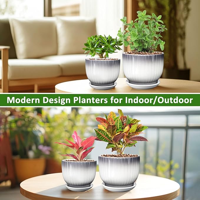 6.7 + 5.5 Inch Plant Pot, Ceramic Planter with Drainage and Saucer, Ceramic Pots for Plants, Indoor Plant pots,Ceramic Flower pots(Gray + White, Plants NOT Included)