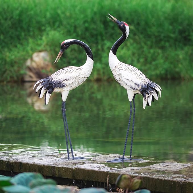 chisheen Garden Crane Statues Outdoor Heron Red Crowned Crane Metal Yard Art Sculpture,Set of 2