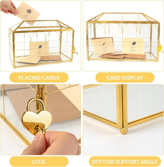 Wedding Glass Cards Box with Slot - 10.26 x 5.91 x 7.99 inch, Envelope Card for Birthday Party Reception Box, Home Tabletop Decor Clear Black Terrarium with Lock Glass Terrarium