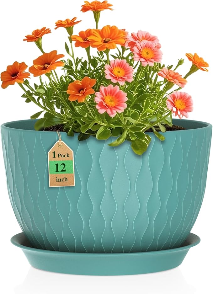 12 Inch Large Plant Pots for Indoor or Outdoor Plants, Wide Water Ripples Flower Pots with Drainage Holes & Saucer, Plastic Planters Set for Garden & Home Decor (Blue Green)