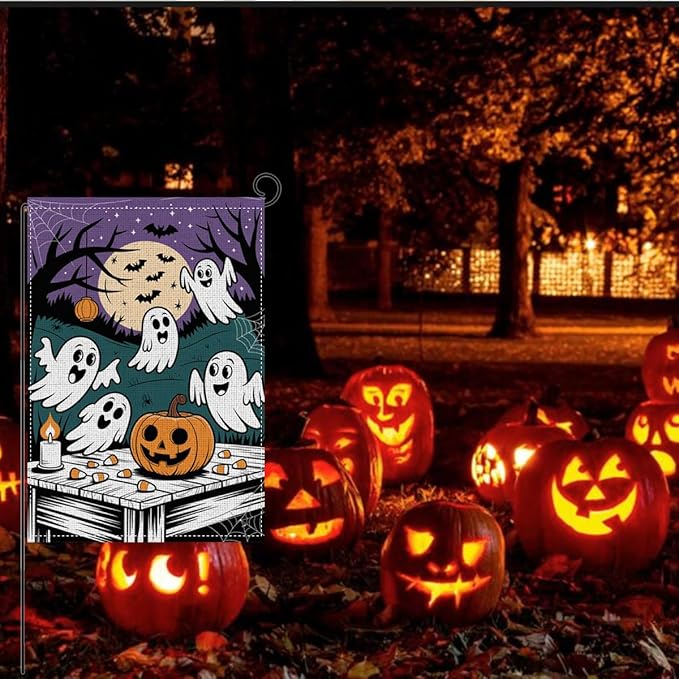 HTBIG Halloween Ghost Garden Flag, Funny Halloween Ghost Pumpkin Decor, Yard Flags for Outside 12x18 inch, For Holiday Yard Outdoor Decorate