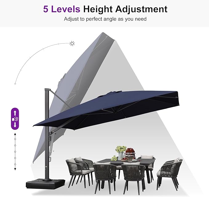 PURPLE LEAF 12' X 12' Square Patio Umbrella with Base Large Offset Hanging Outdoor Cantilever Umbrella Included Base for Garden Deck Backyard Pool Navy
