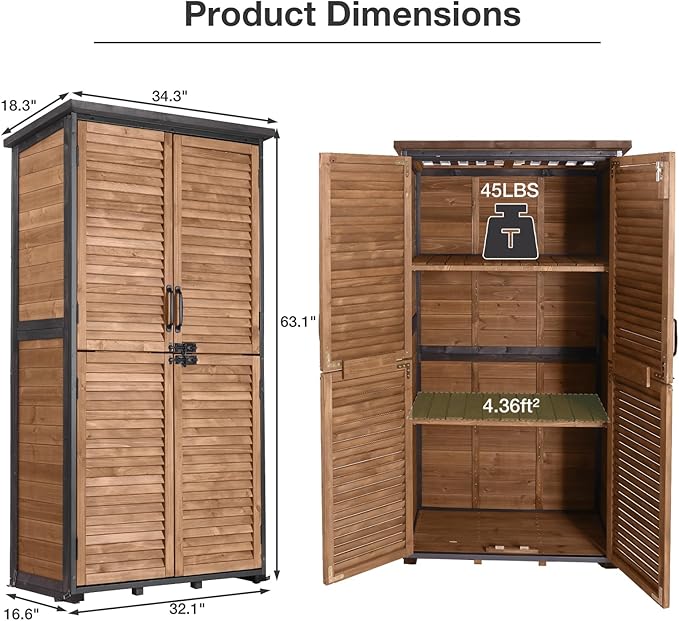 Outdoor Storage Shed, Outdoor Storage Cabinet with Sturdy Iron-Frame & Anti-Corrosion Wood, Adjustable Shelves, Weather-Resistant Louvered Door for Garden Tools, Patio Utility Tool Storage