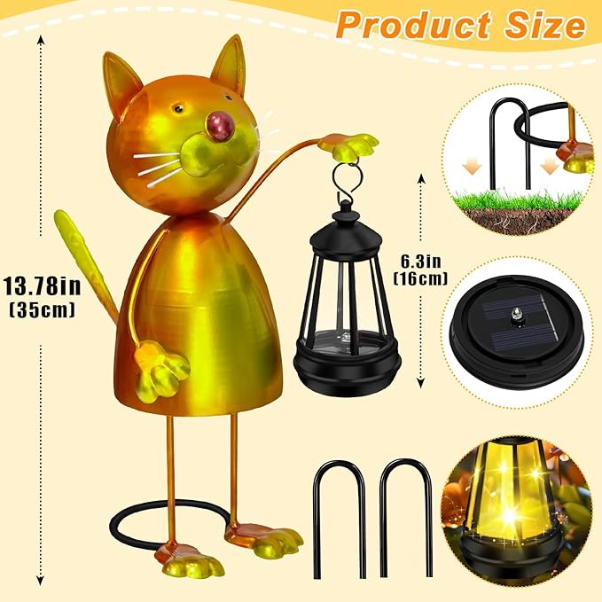 Solar Garden Decor Cat Statue with Solar Lights,13.78in Tall Metal Cat Figurines Decor,Birthday Gifts for Women Mom Grandma,Decorative Stakes for Yard Art Lawn Porch Patio Outside Decorations
