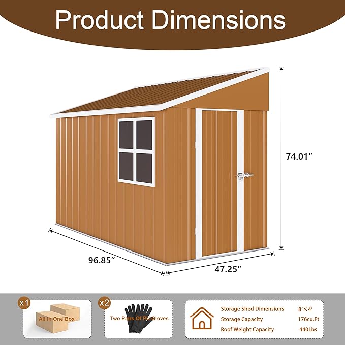 8x4 FT Outdoor Storage Shed, Metal Shed with Floor, Lockable Door, Sloping Roof, All-Weather Lean to Resin Shed for Garden, Backyard, Patio, Lawn (Khaki)