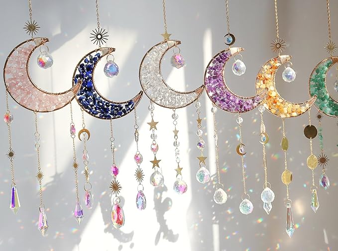 Moon Suncatcher Hanging Decor, Boho Chic Rose Quartz Crystal Sun Catcher, Spritual Sun Light Catcher for Windows, Crescent Moon Housewarming Gift (Rose Quartz)