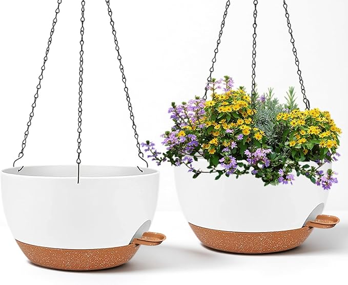 2 Pack 12 Inch Large Hanging Planters with Chains Self Watering White Brown Plastic Hanging Pots for Indoor Outdoor Plants, Garden Porch Home Decor,White Brown