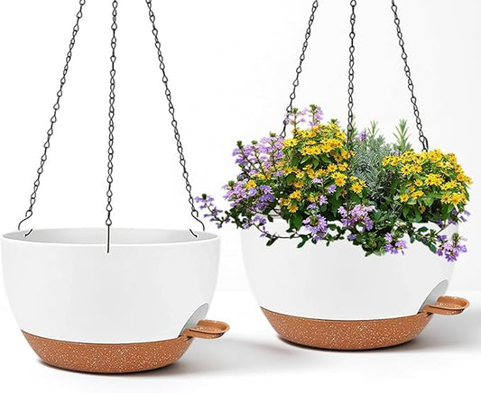 2 Pack 12 Inch Large Hanging Planters with Chains Self Watering White Brown Plastic Hanging Pots for Indoor Outdoor Plants, Garden Porch Home Decor,White Brown