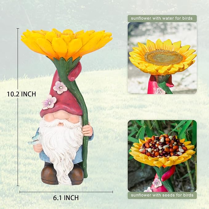 MUMTOP Garden Gnome Statue with Sunflower Bird Bath Outdoor Decor, Gnome Birdbaths Bird Feeder with Solar LED Light Waterproof Garden Sculpture for Yard Lawn Outdoor Decorations