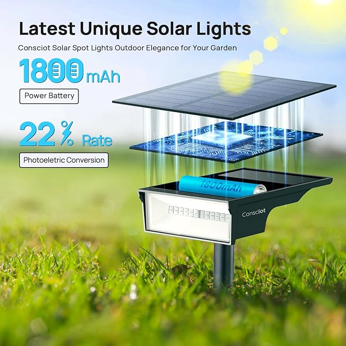 Consciot Solar Spot Lights Outdoor, Adjustable 170° Solar Outdoor Light, 7 Multicolored Garden Light Waterproof IP65, Landscape Lighting for Yard Pool Garden Tree, 4 Pack