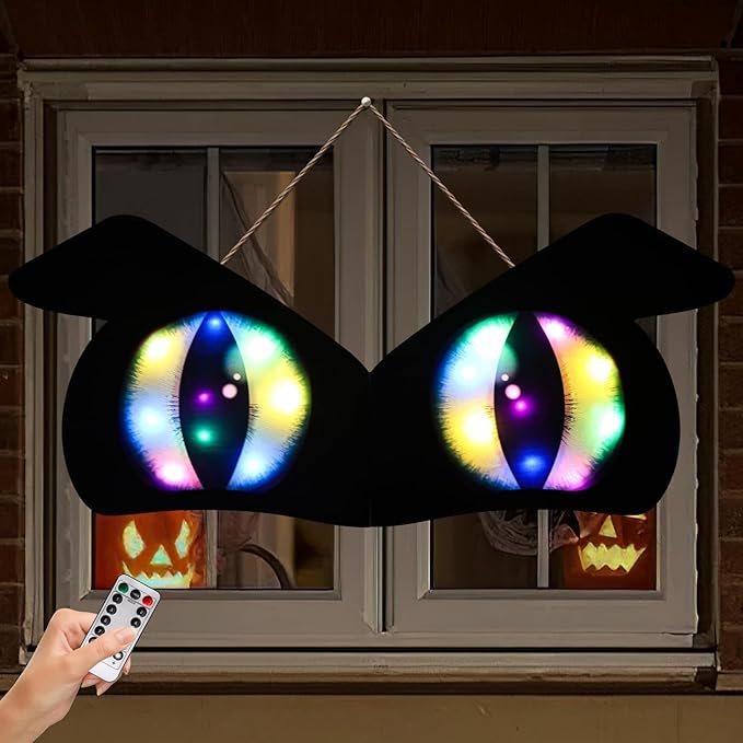 Halloween Decorations Spooky Eyes Lights - 21 Inch Large Wooden Window Eye Lights with 8 Color Modes for Halloween Decor Indoor Home,Wall,Window,Trees (Style - D)