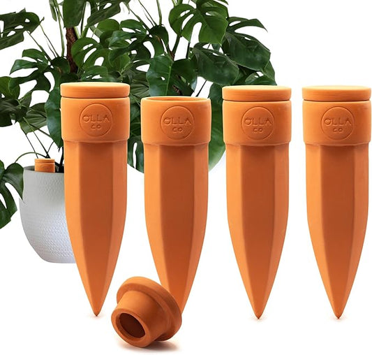 Terracotta Plant Watering Spikes - Large- Set of 4 with Lids Ideal for 8"-12" Pots Perfect Vacation Plant Watering System & Everyday Use for Busy Plant Lovers to Water Plants
