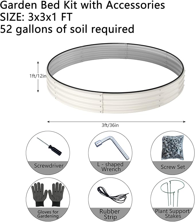 Galvanized Metal Planter Round Raised Garden Bed Kit for Gardening Outdoor,3x3x1ft Grow Garden Box Raised Flower Bed,Round Galvanized Planter Outdoor Large Metal Fire Pit Ring White