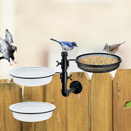 Wall Mounted Bird Feeder with Metal Mesh Seed Tray and 2 Bird Bath Bowls,Heavy Duty Fence Tree Mount Birds Feeder for Outside Wild Birds,Table Mountable Platform Feeder in Garden Backyard
