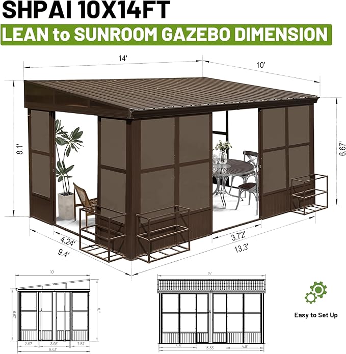 10x14FT Lean to Sunroom Enclosed Gazebo with Gutters,Wall Mounted Sun Room, Solarium with Galvanized Steel Sloping Roof &Detachable PC Screens, 3 Sliding Doors Sun Rooms for Patio, Deck -Brown