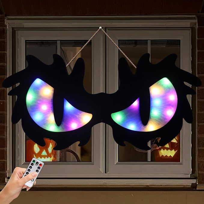 Halloween Decorations Spooky Eyes Lights - 21 Inch Large Wooden Window Eye Lights with 8 Color Modes for Halloween Decor Indoor Home,Wall,Window,Trees (Style - C)