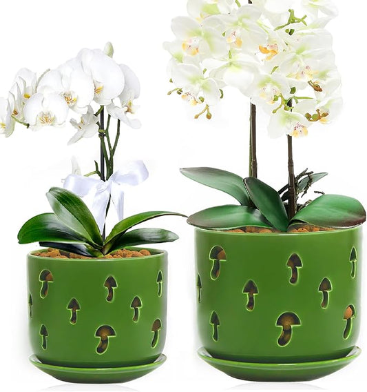 Set of 2 Orchid Pots with Holes & Saucers for Orchid Root Health, 5 inch&6 inch Ceramic Pots for Plants, Effective Drainage and Ventilation to Assist New Plants or Repotting (Patina-2, 5&6)