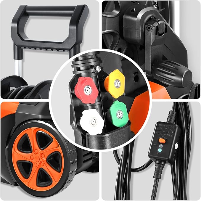 DNA MOTORING TOOLS-00230 Up to 2176 PSI Pressure 2.4 GPM Max Flow Electric Pressure Washer for Yard and Car Cleaning with Spray Nozzle Foam Bottle + 4 Turbo Nozzles IPX5 Driveway Patio Deck(Orange)