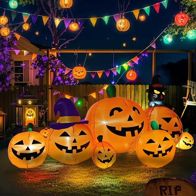 8 FT Long Halloween Inflatables Pumpkin Outdoor Decorations, 7 Pumpkins Outside Decoration with Black Cat with Build-in LEDs Blow Up Inflatables for Party Yard Lawn Garden Decor